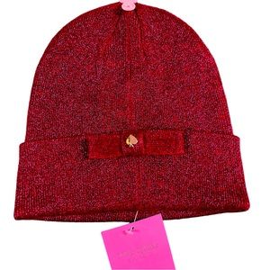 Kate Spade New York Bow Cuffed Beanie Hat Glitter Red
